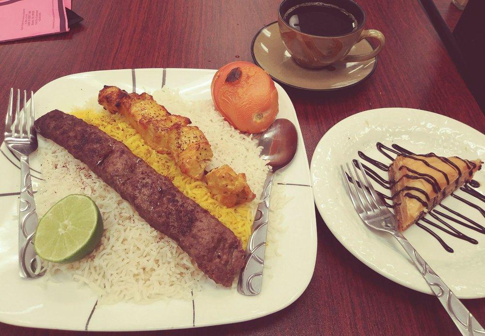 Mixed Kabob · One skewer of chicken, one skewer of ground beef, tzatziki sauce, lime and a grilled tomato served over basmati rice