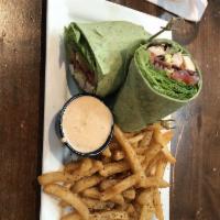 Alpine Chicken Wrap · Chilled, roasted chicken with chipotle ranch, cheddar, avocado, bacon,
lettuce, tomato and o...