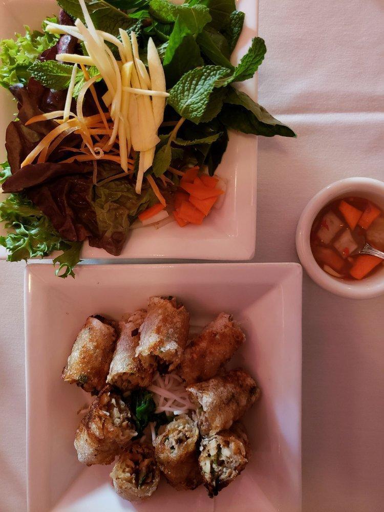 Cha Gio Crispy Vietamese Spring Rolls · Rice paper filled with ground veal, shiitake mushrooms and white jicama and lightly fried in olive oil. Served with local grown lettuce, fresh herbs and sweet nuoc mam.