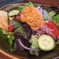 Mediterranean Salad · Israeli couscous, diced tomato, chopped cucumber, red onion, mint, parsley, scallions, feta ...