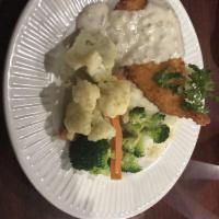 Country Chicken Platter · Lightly breaded chicken breast, sausage gravy, mashed potatoes, and grilled seasonal vegetab...