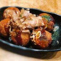 Takoyaki · Octopus ball 6pcs with Takoyaki sauce, mayo, and dried bonito and seaweed. (We cannot put sa...