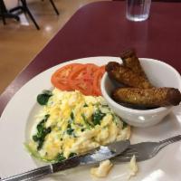 Power Breakfast · Sautéed egg whites with spinach, cheese, turkey sausage or turkey bacon and sliced tomatoes....