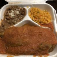 Burrito Chile Relleno · Burrito Chile Relleno, rice and beans.
