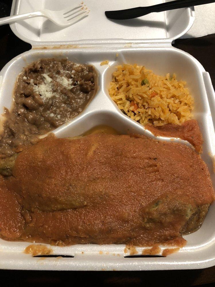Burrito Chile Relleno · Burrito Chile Relleno, rice and beans.