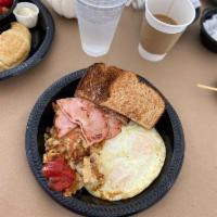 2 Egg with Choice of Meat Breakfast · Eggs, choice of hardwood smoked bacon, old fashioned ham, maple sausage links, rappa scrappl...