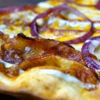 Hog Heaven Pizza · BBQ pork, bacon, cheddar and white cheese blend and red onion, topped with BBQ sauce.