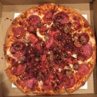 Meat Lovers Pizza · Italian salami, pepperoni, bacon, Italian sausage and linguica on top of homemade tomato sau...