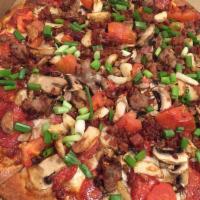 Amato Supreme Pizza · Chopped garlic, pepperoni, mushrooms, Italian sausage, tomatoes and fresh green onions on to...
