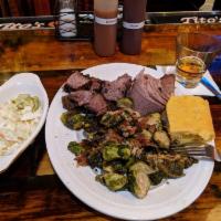 Gimme the Beef Platter · 1/4 lb. of double smoked burnt ends and 1/4 lb. brisket and 1 side.