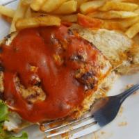 Buffalo Chicken Sandwich · Grilled chicken breast brushed with spicy Buffalo sauce, crowned with crumbled Danish blue c...