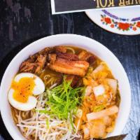 Pork Ramen · Tonkatsu tare, house stock, bean sprouts, mushrooms, kimchi, soft egg, and chashu pork.