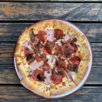 Hog Heaven Pizza · Pepperoni, Italian sausage, smoked Canadian bacon, and bacon.