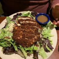 Almond Crusted Chicken Salad · Mixed greens, bacon, white cheddar apples, maple-shallot vinaigrette, and honey mustard driz...
