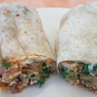 Super Burrito · Refried beans, Rice, choice of meat, sour cream, cheese, guacamole, onions and cilantro