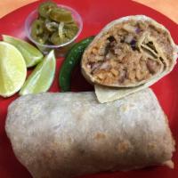 Regular Burrito · Refried Beans, Rice, choice of meat, onions and cilantro
