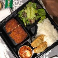 Chicken Katsu Box · Breaded chicken cutlet. Served with rice, salad, kimchi, dumplings and spicy mayonnaise.