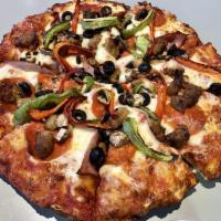Bases Loaded Combo Pizza · Pepperoni, sausage, Canadian bacon, mushroom, red onion, green and red bell peppers.