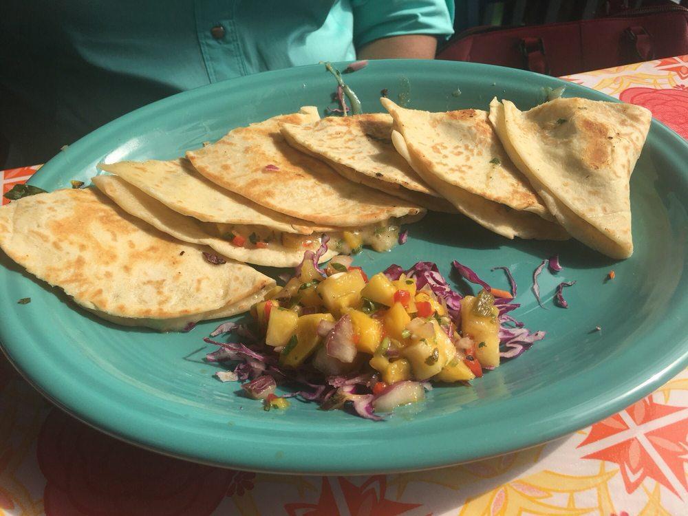 Shrimp Quesadillas · Homemade flour tortillas filled with shrimp, Monterey jack cheese, green chiles, onions, cilantro, red bell peppers ＆ roasted corn, served with mango pineapple salsa.
Cannot remove items inside quesadillas.