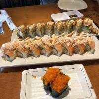 Bay Bridge Roll · In: real crab and avocado. Out: salmon and crab meat spicy mayo.