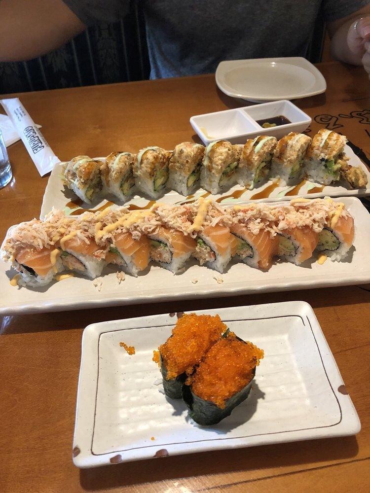 Bay Bridge Roll · In: real crab and avocado. Out: salmon and crab meat spicy mayo.