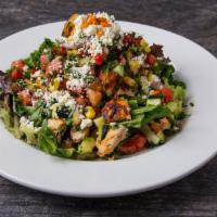 Mediterranean Chicken Salad · grilled chopped all-natural chicken breast, roasted bell peppers, cucumbers, taboule, season...