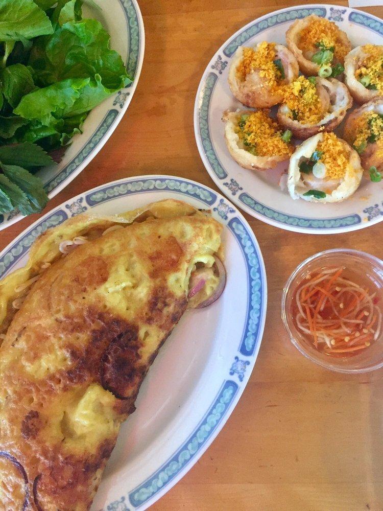 Banh Xeo · Mung bean crepe with shrimps, pork and bean sprouts and fresh greens.