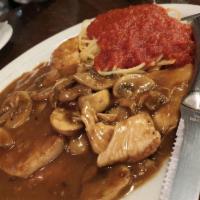Chicken Marsala · Chicken breast sauteed with mushrooms, shallots, and Marsala wine. Served with spaghetti mar...
