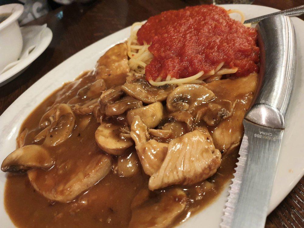 Chicken Marsala · Chicken breast sauteed with mushrooms, shallots, and Marsala wine. Served with spaghetti marinara.