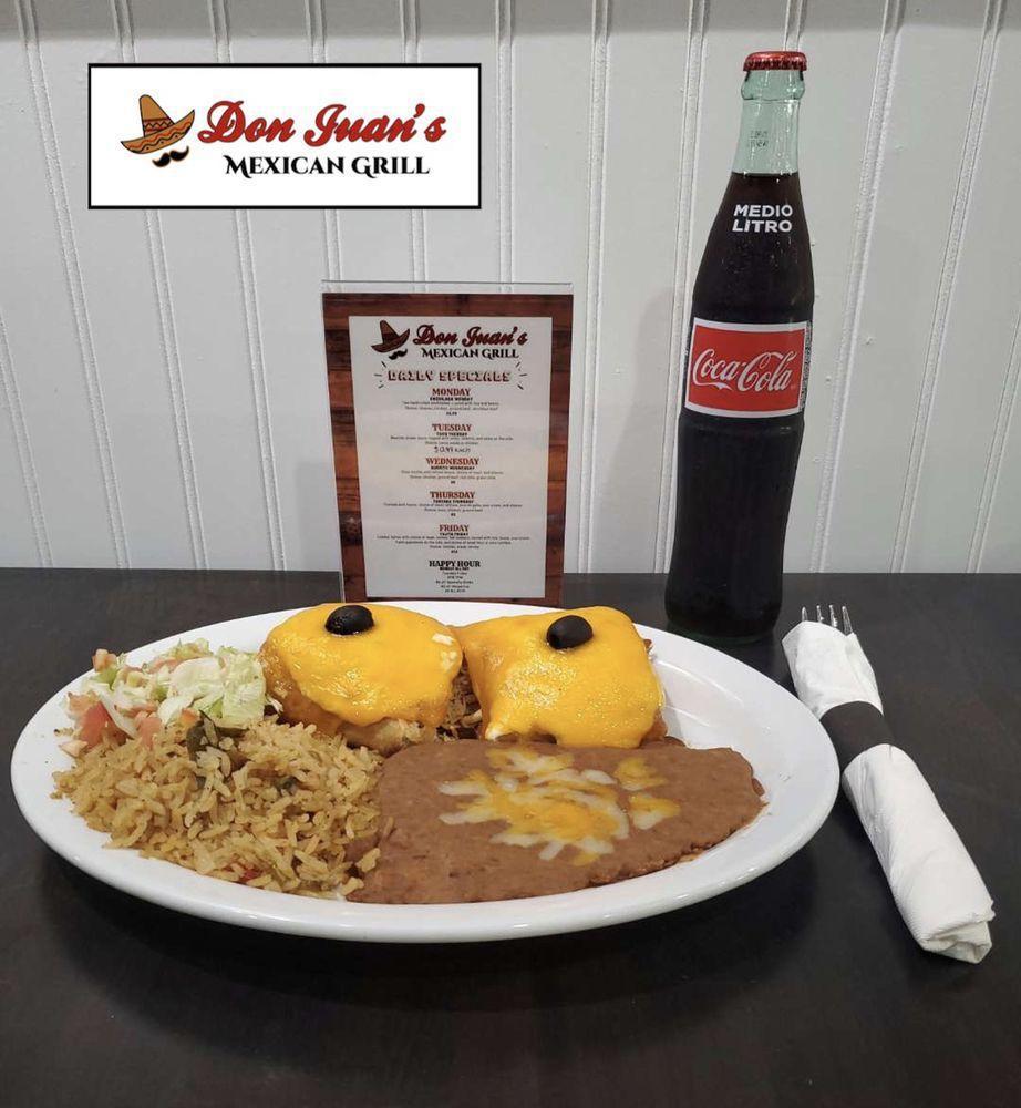 Pollo Fundido · Chicken chimichanga covered with jalapeño cream cheese, cheddar cheese, topped with olives, served with rice and beans 