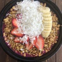 Acai Bowl · Blended Acai with Strawberries, and Bananas. Topped with Strawberries, Bananas, Granola and ...