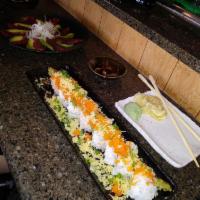 Double Crunch Roll · Tempura asparagus, avocado, cream cheese, cucumber, topped with scallions, tempura flakes an...