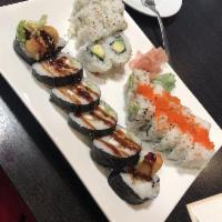 California Roll · Crab sticks, avocado, and cucumber inside with smelt eggs on top.