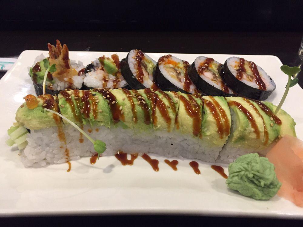 Caterpillar Roll · Freshwater eel and cucumber inside with avocado and eel sauce on top.