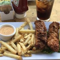 Fish and Chips · 2 beer-battered cod filets, homemade skin-on fries and Candle Cafe's infamous chipotle, cila...