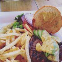 Turkey Burger · 1/2 lb. Lettuce, tomato, pickle, onion, avocado and spicy mustard. Fresh homemade patty on o...