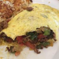 Country Omelette · Hamburger meat, cheese, bell pepper, tomatoes, onions.