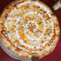 Buffalo Chicken Pizza · Hot sauce, diced chicken, and a swirl of our homemade ranch dressing.  (Blue Cheese crumbles...