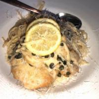 Chicken Piccata · With linguini fini, lemon, capers and cream.