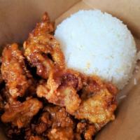 Crispy Honey Chicken Rice · Deep fried breaded chicken in rich garlic sauce.