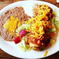 Chimichanga · Chicken or beef burrito, deep-fried to a crisp on a bed of lettuce. Topped with cheese, spec...