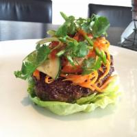 Spicy Vietnamese Burger · Cilantro, cucumbers, jalapeno, pickled carrots, soy sauce and siracha with garlic aioli.