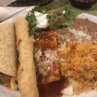 One Beet Taco, One Cheese Enchilada and One Beef Flauta · 
