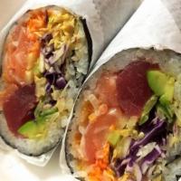 Kappo Sushi Burrito · Tuna, salmon, avocado, cucumber, lettuce, red cabbage and spicy crab meat.