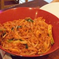 Pad Thai · Thai rice noodles cooked with egg and basic vegetables with traditional pad Thai sauce.