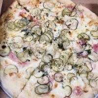 Pickle Pizza · Mortadella, garlic cream, dill pickles, fresh dill and cracked pepper. Made vegetarian upon ...