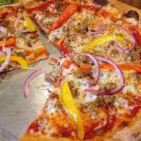 Italian Sausage with Peppers Pizza · Our house tomato sauce, mild Italian sausage, shaved red onions and grilled bell peppers wit...