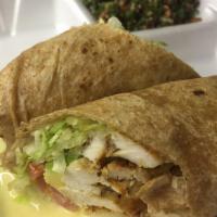 Grilled Chicken Wrap · Avocado, lettuce, tomatoes and honey mustard. Served with your choice of side salad.