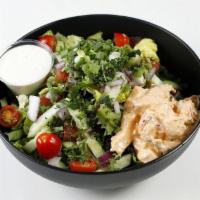Buffalo Chicken Salad · Organic spring mix, cucumber, tomato, homemade ranch dressing with Buffalo chicken (chicken ...