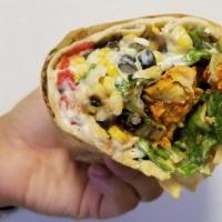 BBQ Chicken Wrap · White meat. Wrapped with romaine lettuce, corn, black beans, tomatoes, scallions and tortill...
